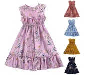 Vestido informal para niñas, novedad de verano, estampado Floral, sin mangas, corte en A, vestido plisado de princesa, cinturón, ropa para niños 150 azul