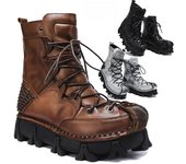 Botas de moto para hombre, botas tácticas de cuero auténtico con tacón grueso, botas de media pantorrilla con diseño gótico de calavera y punta redonda para hombre, botas de vaquero estilo ingeniero occidental 38