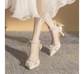 Zapatos de mujer a la moda de verano, zapatos de boda, fiesta, perlas, diamantes de imitación, tobillera con cuentas, zapatos con cordones, zapatos blancos de dama de honor 34 albaricoque