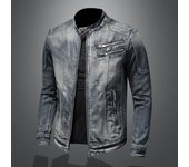 Chaqueta vaquera militar para hombre, primavera Otoño, chaquetas vaqueras ajustadas para motocicleta, abrigos vaqueros Vintage lavados con cremallera oblicua, talla 4XL M