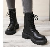 Botas de combate de color liso para mujer, botas de moda con cordones y cremallera lateral, zapatos de piel sintética para mujer, botines de talla grande 42 35