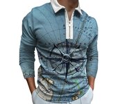 Polos de manga larga para hombre, camiseta a la moda con estampado de brújula azul claro, camiseta Polo de manga larga con cremallera XS azul claro