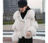 Chaqueta de felpa para mujer, chaqueta gruesa y cálida para mujer, chaqueta de felpa de moda para mujer, abrigo de piel de oveja de invierno con cremallera y cuello con capucha de piel de zorro artificial S blanco