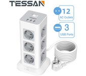 Regleta de alimentación de torre TESSAN, enchufe EU KR, múltiples salidas con puertos USB, Cable de extensión de 1,5 M/2M, toma de corriente Vertical, protección contra sobretensiones 3 Outlet & 3 USB Ports gris