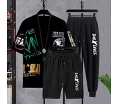 Conjunto de 3 unidades de ropa deportiva para hombre, camiseta de manga con cuello redondo, pantalones cortos con cordón elástico en la cintura, conjunto de pantalones de chándal estampados 2XL blanco