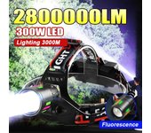 Linterna frontal LED superbrillante de 2800000 LM, potente, resistente al agua, 300 W, para exteriores, para caza y senderismo