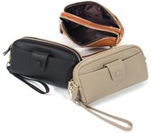 Cartera de piel auténtica de vacuno con doble cremallera y cadena para teléfono móvil