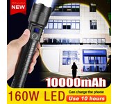 Linterna LED ultra potente de 160 W con batería integrada, luz de antorcha con zoom, recargable, resistente al agua A-160W LED flashlight