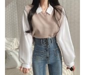 Suéter de cuello polo de manga larga con empalme para mujer, talla grande 2024 M albaricoque