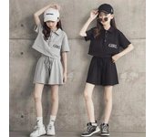 Ropa deportiva de ocio para niñas de 4 a 16 años, chándal para adolescentes, polos de dos piezas, pantalones cortos, traje 170 negro