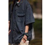 Camisa vaquera de manga corta estilo retro desgastada y desgastada de verano para hombre, ropa de trabajo de moda urbana, camisa estilo militar M azul