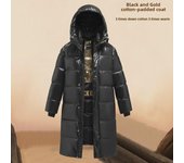 Chaqueta larga de algodón con capucha negra y dorada 2023 para hombre: abrigo grueso de invierno para parejas jóvenes y de mediana edad. 5XL