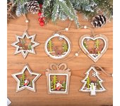 Adornos navideños de madera para árbol de Navidad, colgantes huecos de madera para árbol de Navidad, colgantes de estrella de cinco puntas de doble capa, serie navideña, 6 piezas