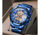 Reloj de marca de lujo superior para hombre, reloj impermeable hueco de acero inoxidable, reloj deportivo de moda azul para hombre, calendario luminoso azul
