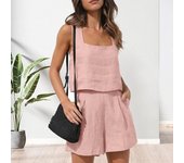 2 unids/set camiseta sin mangas pantalones cortos conjunto cuello cuadrado parte superior suelta cintura alta pantalones acampanados Casual diario M color rosa