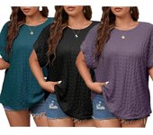 (XL-5XL) Casual Suelto Sólido Manga Corta para Mujer Verano Cuello Redondo Cuadrícula Pliegue Murciélago Manga Corta Transpirable Ligero Suave Cómodo Trabajo Plus Tops XL