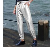 Pantalones de rendimiento para hombre, con cordón, cintura elástica, banda en el tobillo y bolsillos, superficie brillante, pantalones de discoteca, pantalones de cosplay para fiestas en escenarios y discotecas S plata
