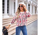 Suéter de mujer de otoño e invierno con cuello redondo y ramitas de jacquard, suéter de punto con flores S negro