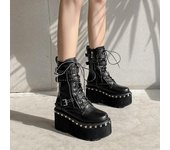Botas de moto con cordones para mujer, botines sexys con remaches y plataforma gruesa y tacones altos, estilo gótico 35 negro