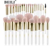 BEILI-brochas de maquillaje de oro blanco, brochas para polvos y sombras de ojos, base profesional, juego de brochas de maquillaje sintéticas rosas de alta calidad 12pcs