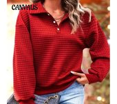 Blusa de mujer de otoño e invierno de color liso con diseño de gofre, cómoda y casual, con solapa tipo polo S negro