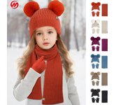 Conjunto de tres piezas de gorro, bufanda y guantes para niños que mantienen el calor y protegen del frío en invierno púrpura