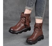 Botas cortas para mujer, zapatos casuales, botas altas de cuero estilo vaquero, botines con plataforma y cordones y punta redonda 35 marrón