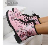Botas Comemore Primavera 2024 de tendencia, con puntera de cuero, cordones, tacón medio, planas, de piel rosa, botas de tacón bajo para mujer, talla grande 46 35