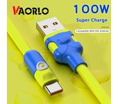 Cable de datos VAORLO de 100W, carga rápida 6A para IOS, Micro USB tipo C, Cable de carga de 8 pines, línea de carga de silicona líquida de 1M y 2M 1M FOR Type-C amarillo