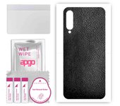 apgo Protective Skin Sticker for the back compatible with Xiaomi Mi A3, Wrap Film, Foil, Vinyl - Pattern Black Leather