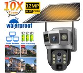 Cámara 4G de 3 lentes, 12 MP, tarjeta SIM 4G, cámara CCTV solar, PTZ, zoom 10X, para exteriores, inalámbrica, 3 pantallas, batería, cámara IP 4G de seguridad V380Pro 4G Add 128G card