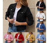 Chaquetas cortas de mezclilla de otoño para mujer, abrigos vaqueros con cuello vuelto de manga larga y un solo pecho para invierno para mujer S rojo