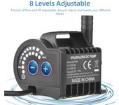 Bomba de agua sumergible de 12V 8 niveles ajustable 0-700L/H bomba de fuente pequeña con elevación de 0-9,8 pies, QR70H negro