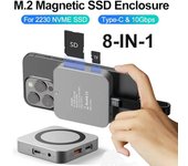 Concentrador magnético USB C 8 en 1, carcasa para SSD M.2 NVMe de 2230 GB, carcasa para SSD de 10 Gbps, USB C 3.2 Gen2 a NVMe PCI-E, cargador de 100 W para MacBook, iPhone 16/15 Pro