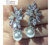 Pendientes de oro blanco con circonita cúbica y perlas de imitación para mujer, joyería elegante de moda, regalo