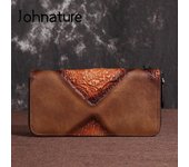 Johnature Cartera Retro de piel de vaca para mujer, tarjetero de ocio hecho a mano, cartera larga de cuero genuino, cartera para teléfono gris negro