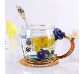 Taza de café esmaltada hecha a mano, taza de cristal, taza de té con leche y flor de limón, vaso de vidrio de alta calidad, regalo para parejas. L azul
