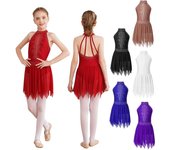 Vestido de leotardo de patinaje sobre hielo para niñas, falda de malla asimétrica sin espalda, vestido de baile con diamantes de imitación brillantes 5-6 Years borgoña