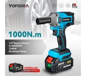 YOFIDRA-llave de impacto eléctrica sin escobillas, 1000N.m, 20V, llave inalámbrica, enchufe, batería de iones de litio de 1/2 pulgadas para batería Makita de 18V 1x Battery- EU Plug
