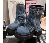 Botas vaqueras de media pantorrilla para mujer, con plataforma y cremallera, tacones medios, zapatos de diseñador, botas de moto nuevas de invierno 2024 35 negro