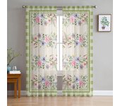 Cortinas para ventana transparentes a cuadros de verano, flores idílicas, para sala de estar, cocina, dormitorio de niños, cortina colgante de gasa 135W x 114H(cm)