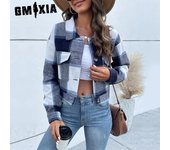 GMXIA Chaqueta de mujer con solapa vintage y cárdigan corto a cuadros para otoño e invierno S caqui