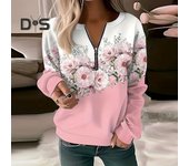 Mujer Otoño Primavera Sudadera Cremallera Estampado de flores Suave Color sólido Cuello redondo Jersey Casual Longitud media Puño elástico Manga larga Señora Top diario 2XL rosa claro