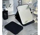 Espejo de maquillaje de escritorio de color sólido de cuero sintético, espejo de mano portátil simple, negro, plegable, compacto para estudiantes, lindo espejo de bolsillo S