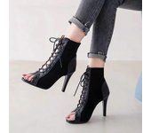 Sandalias con cordones, tacones de 9cm, zapatos de mujer, tendencia de verano, botas sexis negras con punta abierta, tacones de aguja de tela a la moda, baile de Jazz para mujer 35 blanco