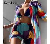 Traje de baño colorido con cuello Halter y pantalones cortos para mujer, traje de baño femenino, conjunto de Bikini de cuatro piezas, bañador S