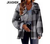 JKASHDK Chaquetas y abrigos de cuello polo de manga larga con estampado de bloques de colores informales para otoño e invierno para mujer S gris