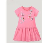 Vestidos de verano para niñas, vestido de princesa con cuello redondo y estampado de dibujos animados, ropa tejida de algodón de manga corta para niños 2Y rojo rosa