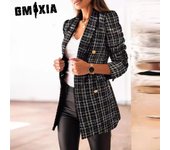 GMXIA Chaquetas y abrigos con cuello tipo POLO de manga larga para otoño e invierno con estampado de celosía informal vintage para mujer S caqui