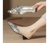 Sandalias de Tacón Alto con Cuentas Estilo Elegante Verano Puntera Puntiaguda Zapatillas con Forma Especial para Mujer 39 plata